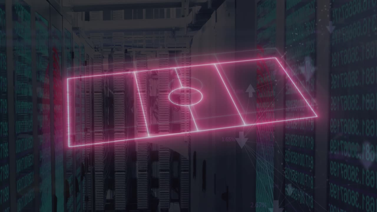 Animation of digital stadium and network of connections over server room