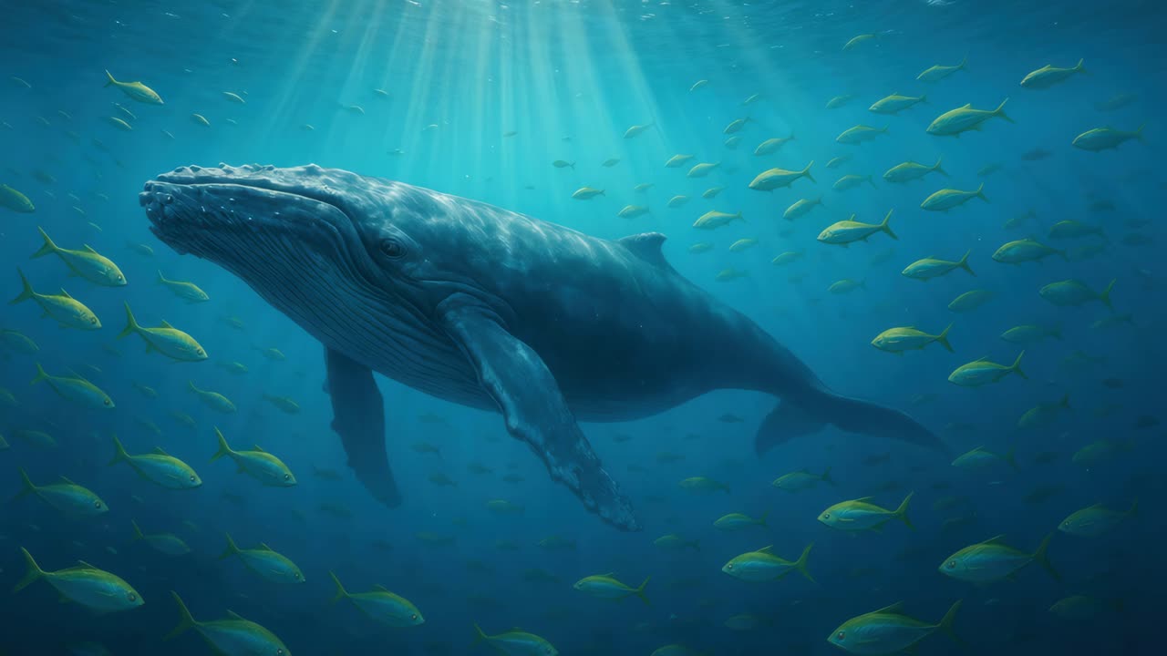 Underwater video scene of a majestic whale surrounded by fish, captured from a low angle