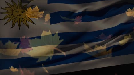 Digitale-Komposition-Von-Argentinien,-Das-Die-Flagge-über-Herbstblättern-Schwenkt,-Die-Gegen-Wolken-Am-Himmel-Fallen