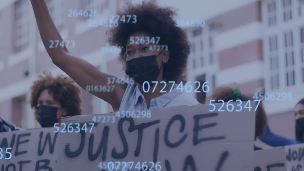 animación de diversas personas levantando las manos con máscaras faciales sobre los números