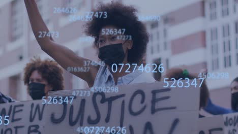 Animation of diverse people raising hands with face masks over numbers