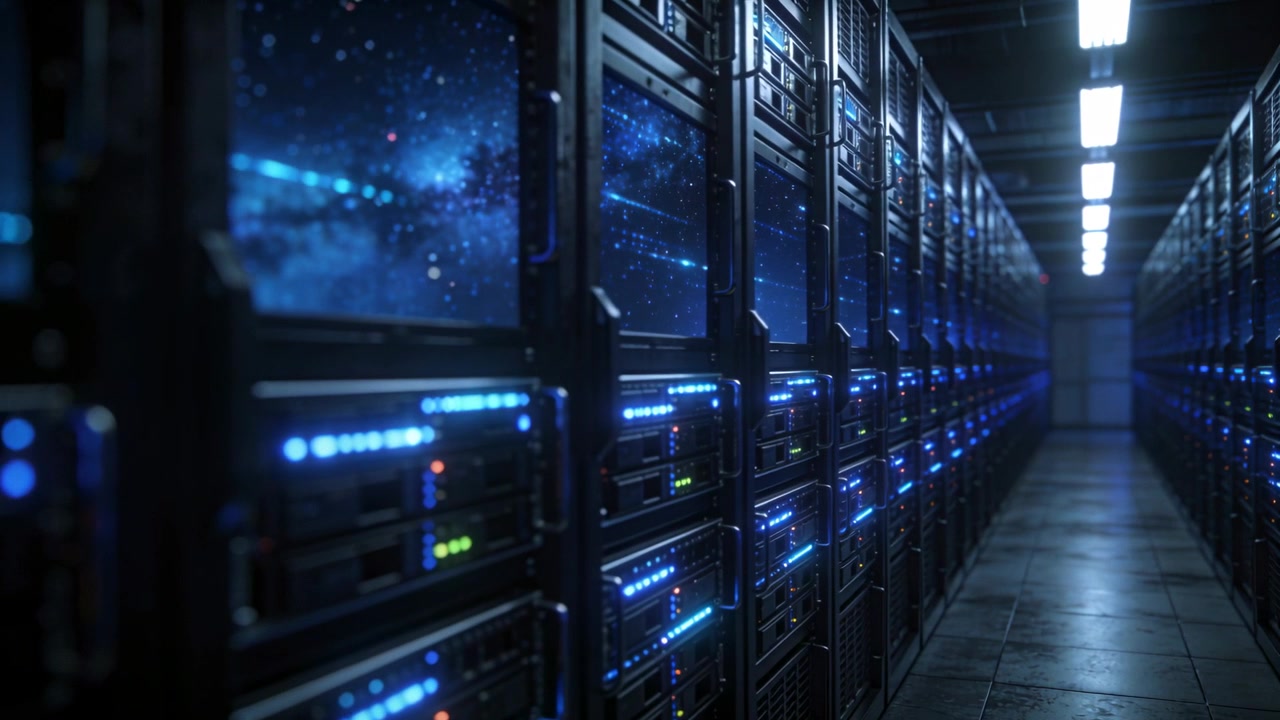 Telecamera in movimento panoramico che avanza lungo il corridoio di un datacenter, mostrando rack in vetro, pannelli nebulosa e LED.