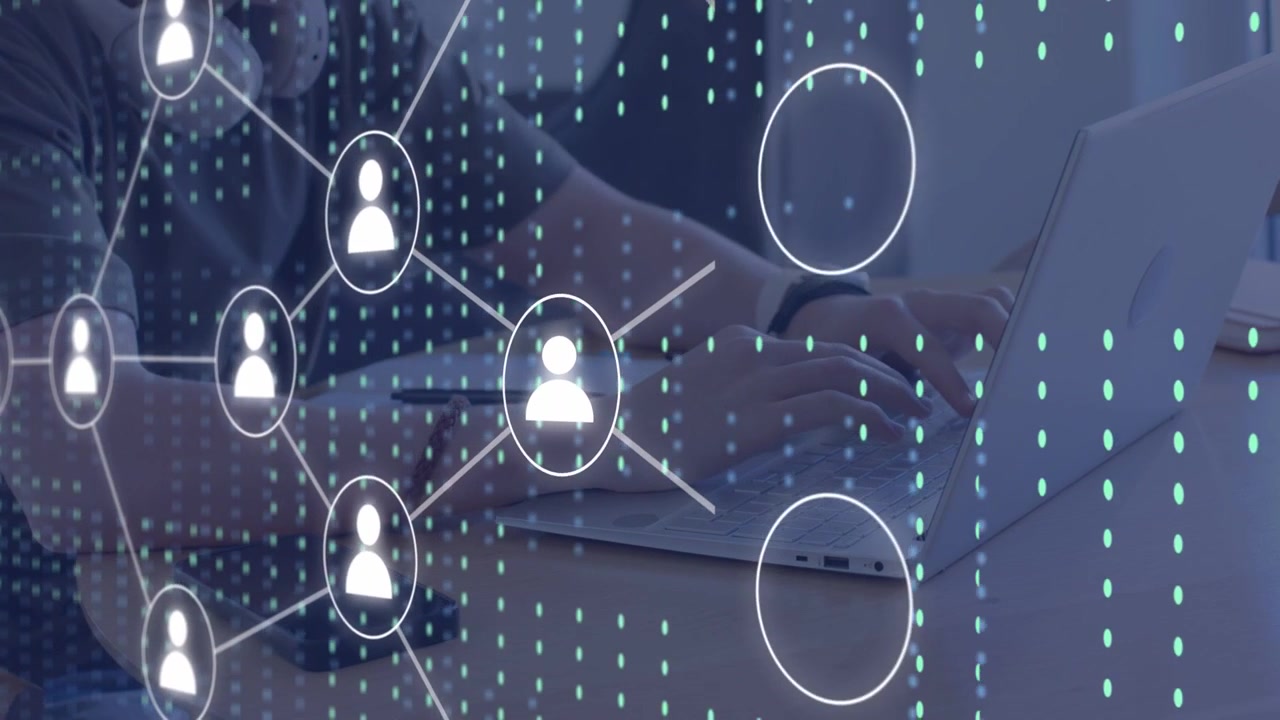 Man typing on laptop, starting animated user icons and data streams showing tech network growth