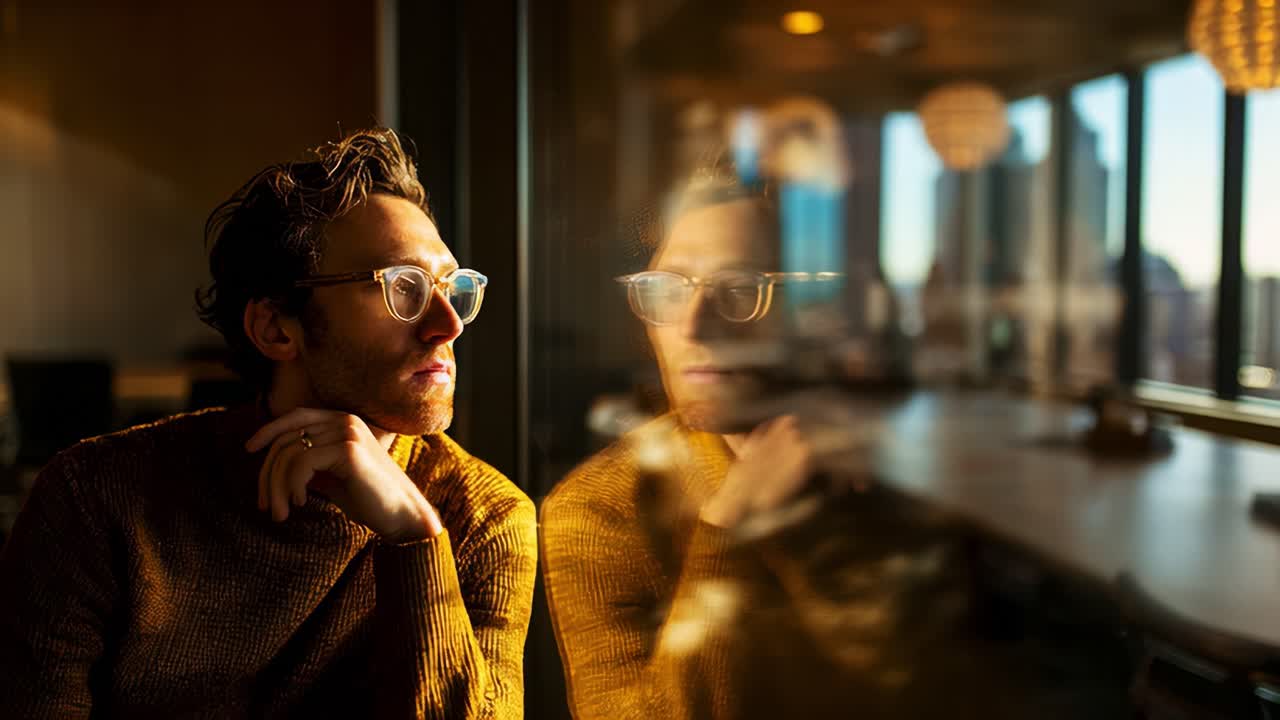 Et ettertenksomt øyeblikk fanget i et solfylt kontormiljø, med en stilig person som reflekterer over sine tanker mot en bakgrunn av urbant landskap gjennom et glassvindu