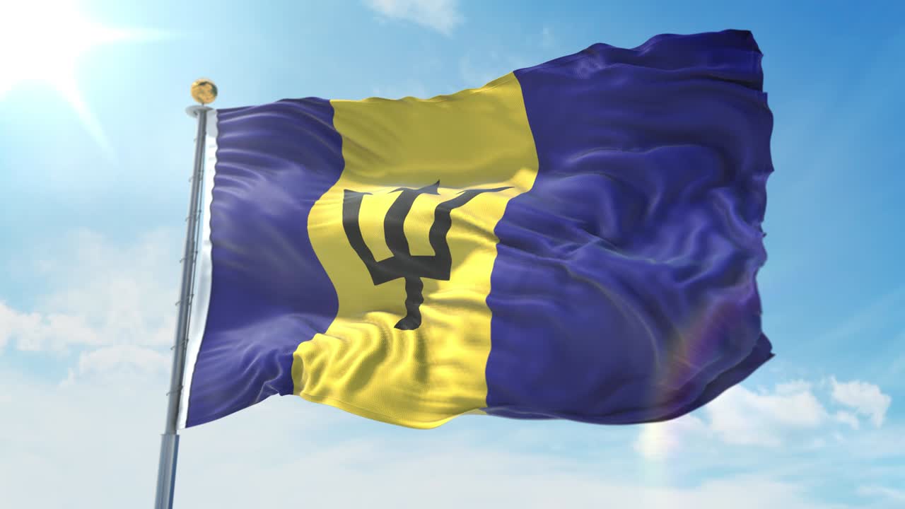 깊은 파란 하늘을 배경으로 바람에 흔들리는 바르바도스 발, 국가 테마, 국제 개념, 3d 렌더리 원활한 루프 4k