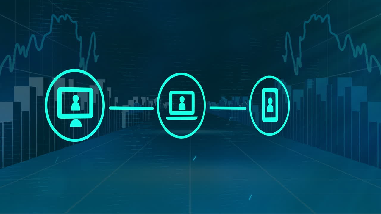 Animation of network of connections with icons and data processing on blue background