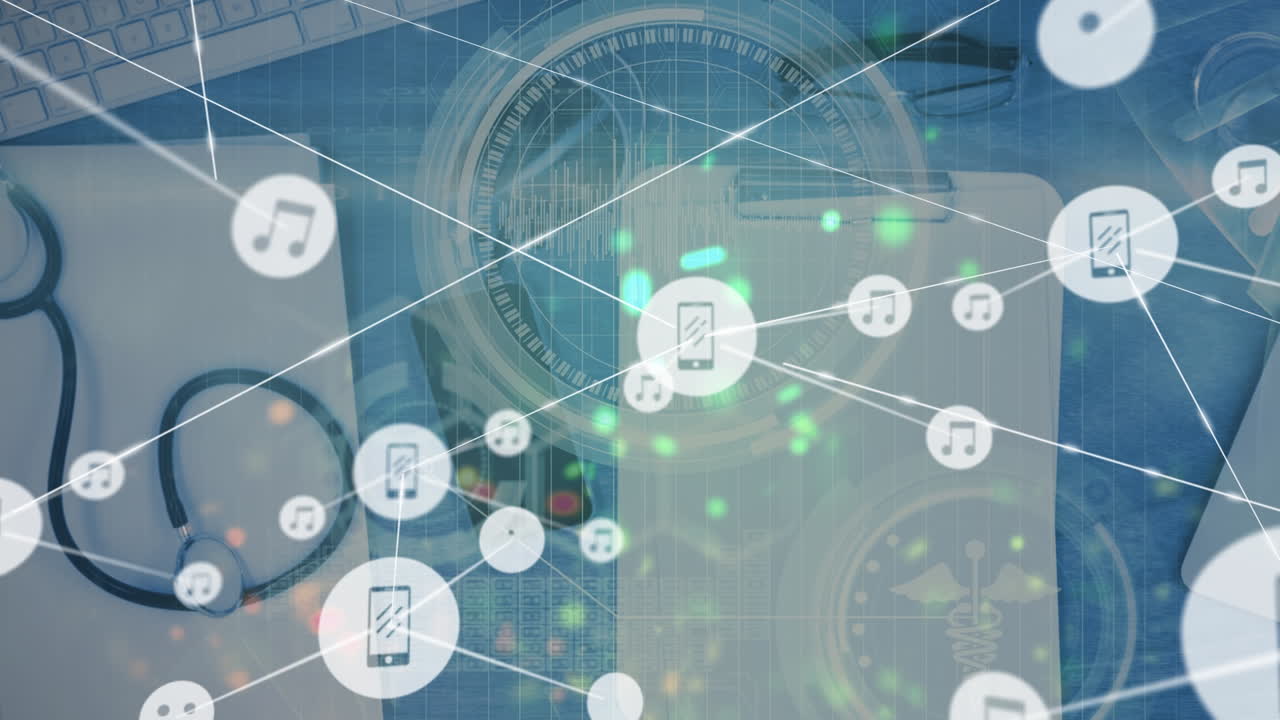 Animation of network of connections with icons over doctor's desk with stethoscope