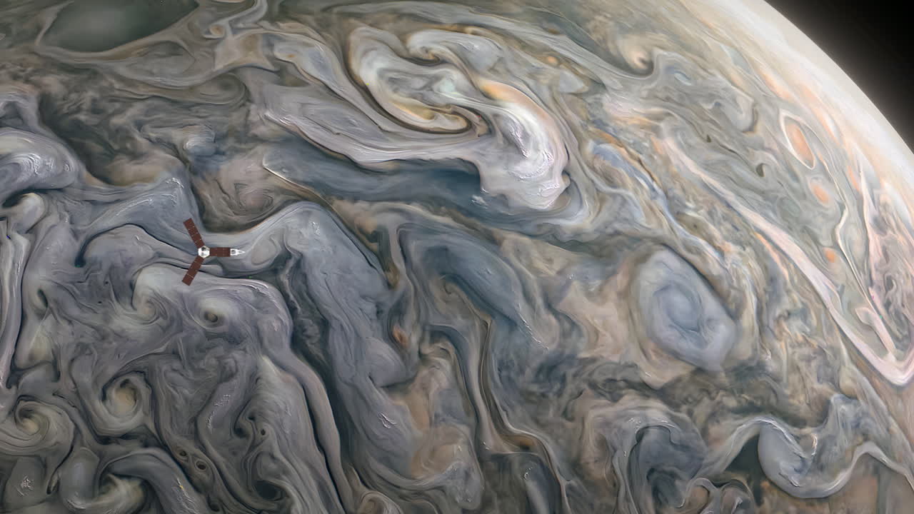Juno Spacecraft Orbiting Across Largest Planet Jupiter Taking Scientific Measurements as Clouds and Gases Swirl like Vortex Storm Below. Science Space 3D Animaton 4K.