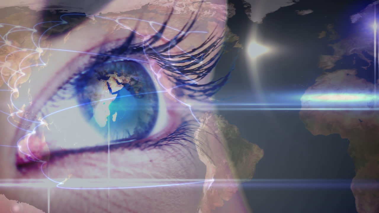 animación de una mujer abriendo el ojo sobre un fondo de globo terrestre