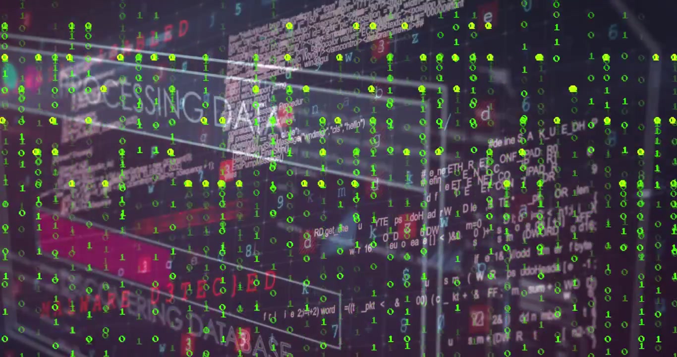 Animation of binary coding over interface with data processing against black background