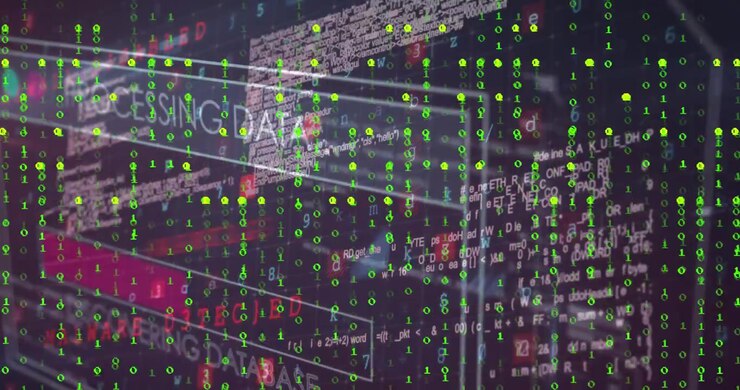 Animation of binary coding over interface with data processing against black background