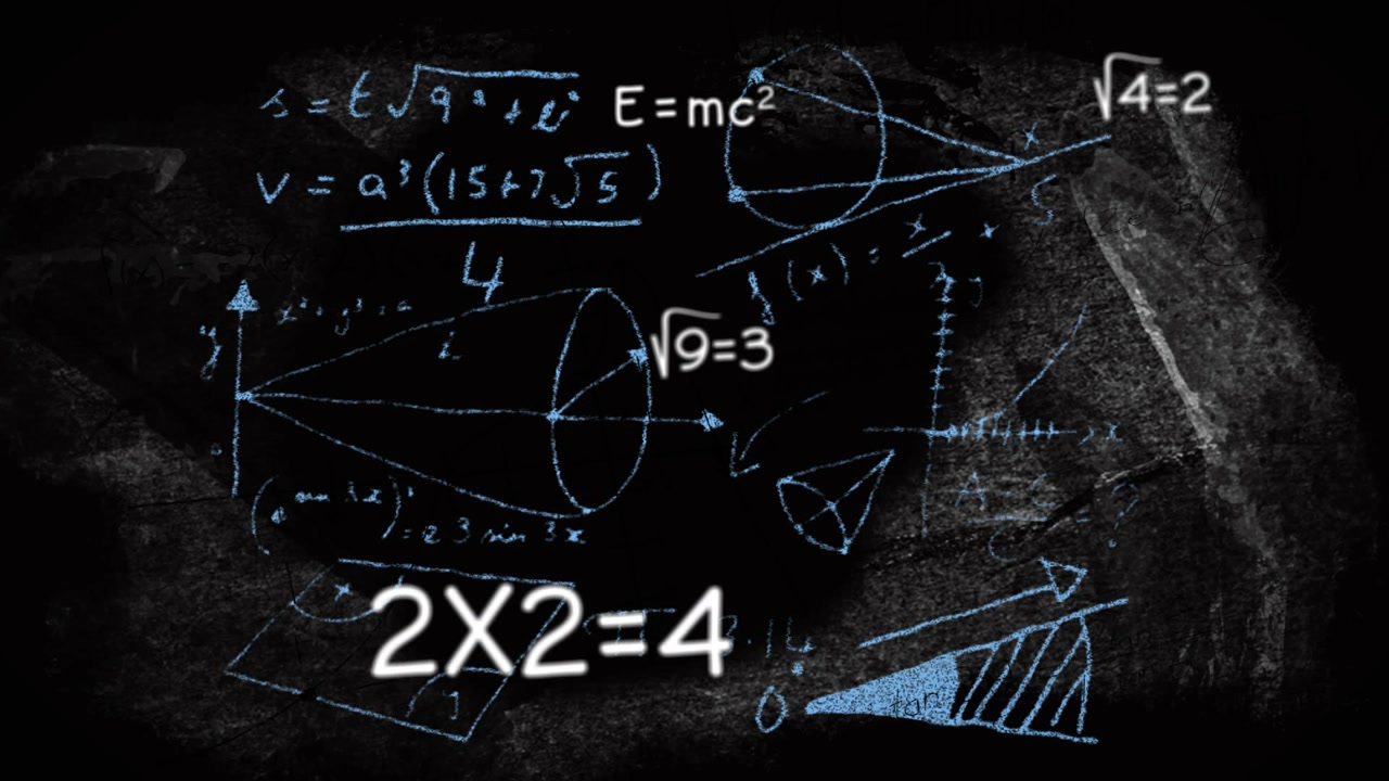 Weathered chalkboard displaying bold white equation 2X2=4, showing blue and white chalk diagrams