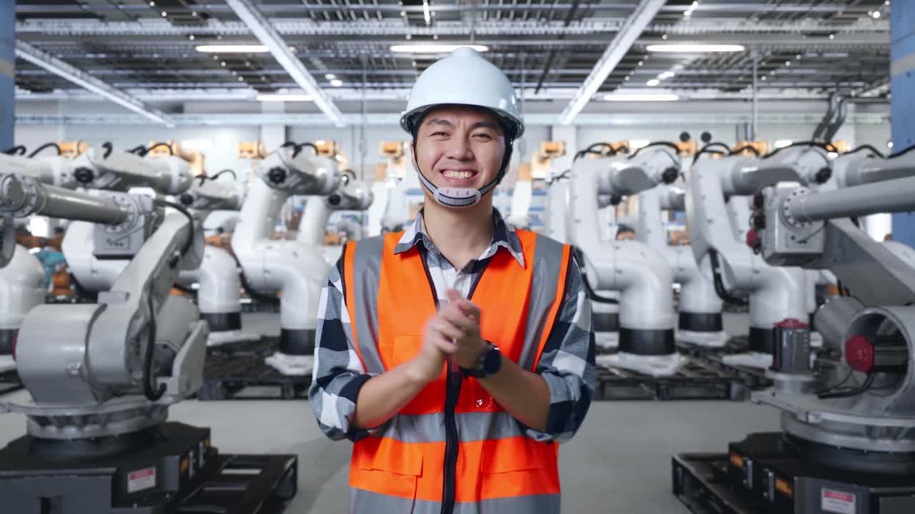 Engineer celebrating in a robotic factory