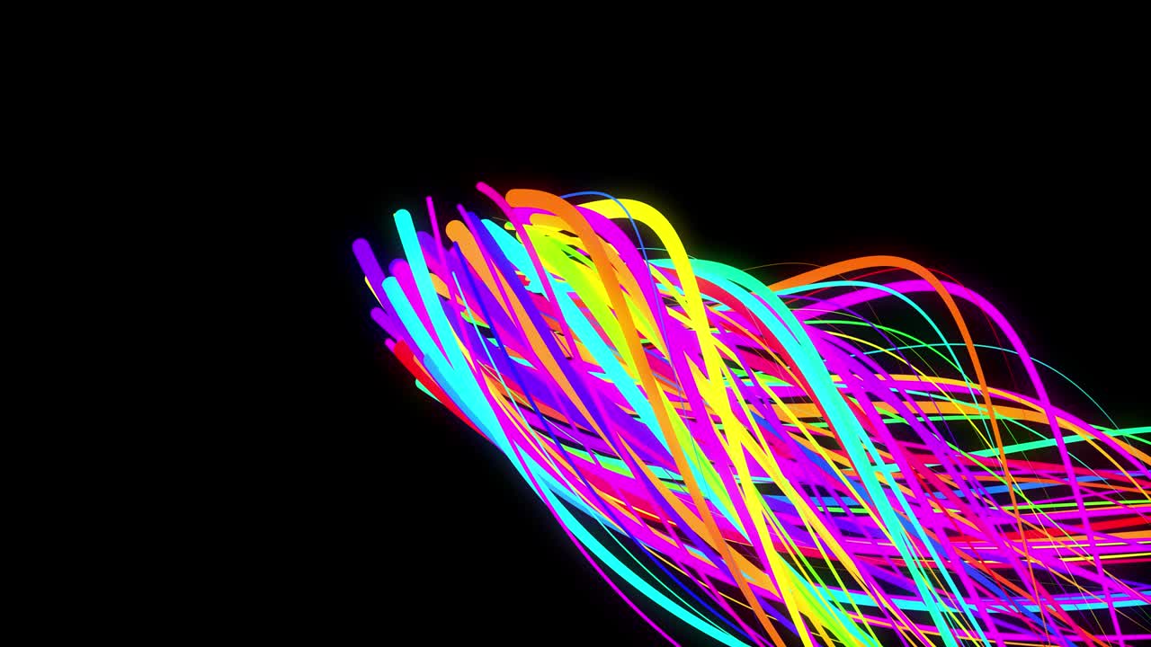 4k에서 세련된 창의적인 추상적인 배경: 회전하는 경로를 따라 회전하는 나선형으로 회전하는 색의 선; 모션 디자인: 선, 나선형 및 추상적인 구조를 형성하는 입자의 bg; 3d 렌더링