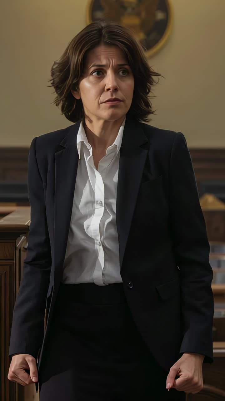 Vertical video: Reacting to off-camera cue, woman scanning courtroom, holding folder, wearing suit