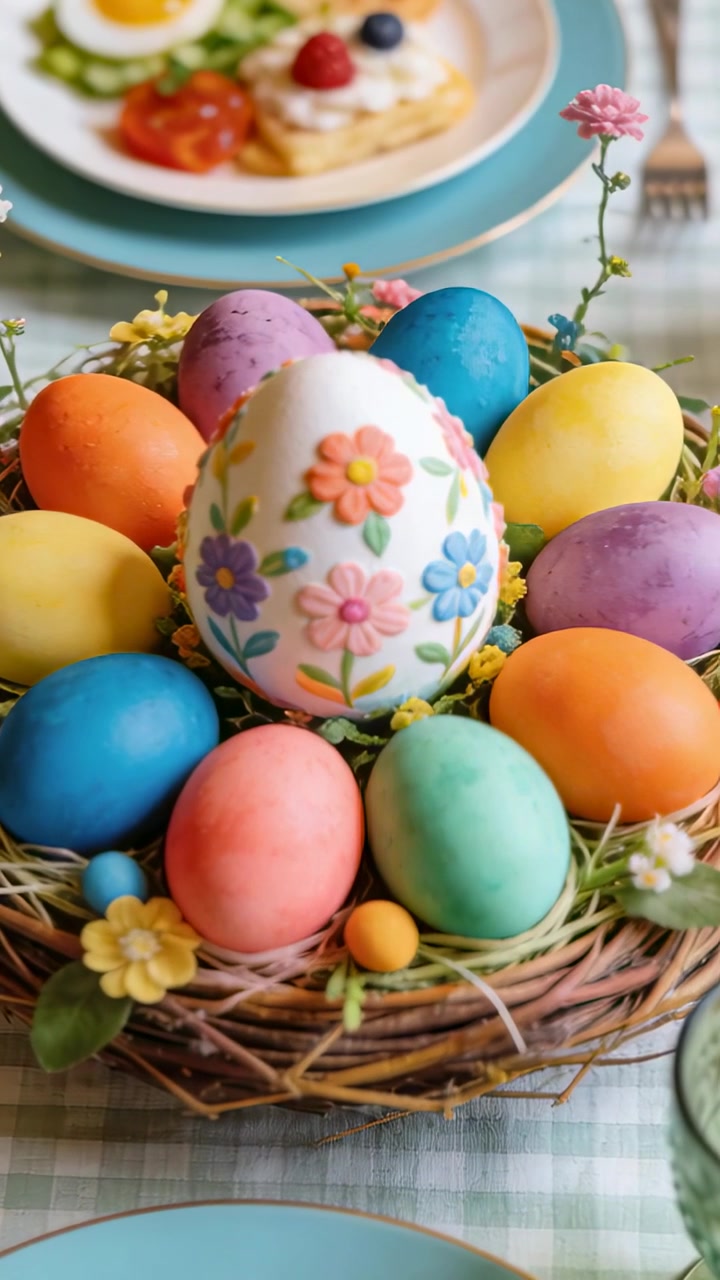 Vertical video: Moving camera cropping in on woven nest at breakfast table, showing decorated egg