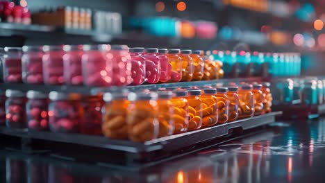 rows of colorful jars on shelves in a modern store or pharmacy