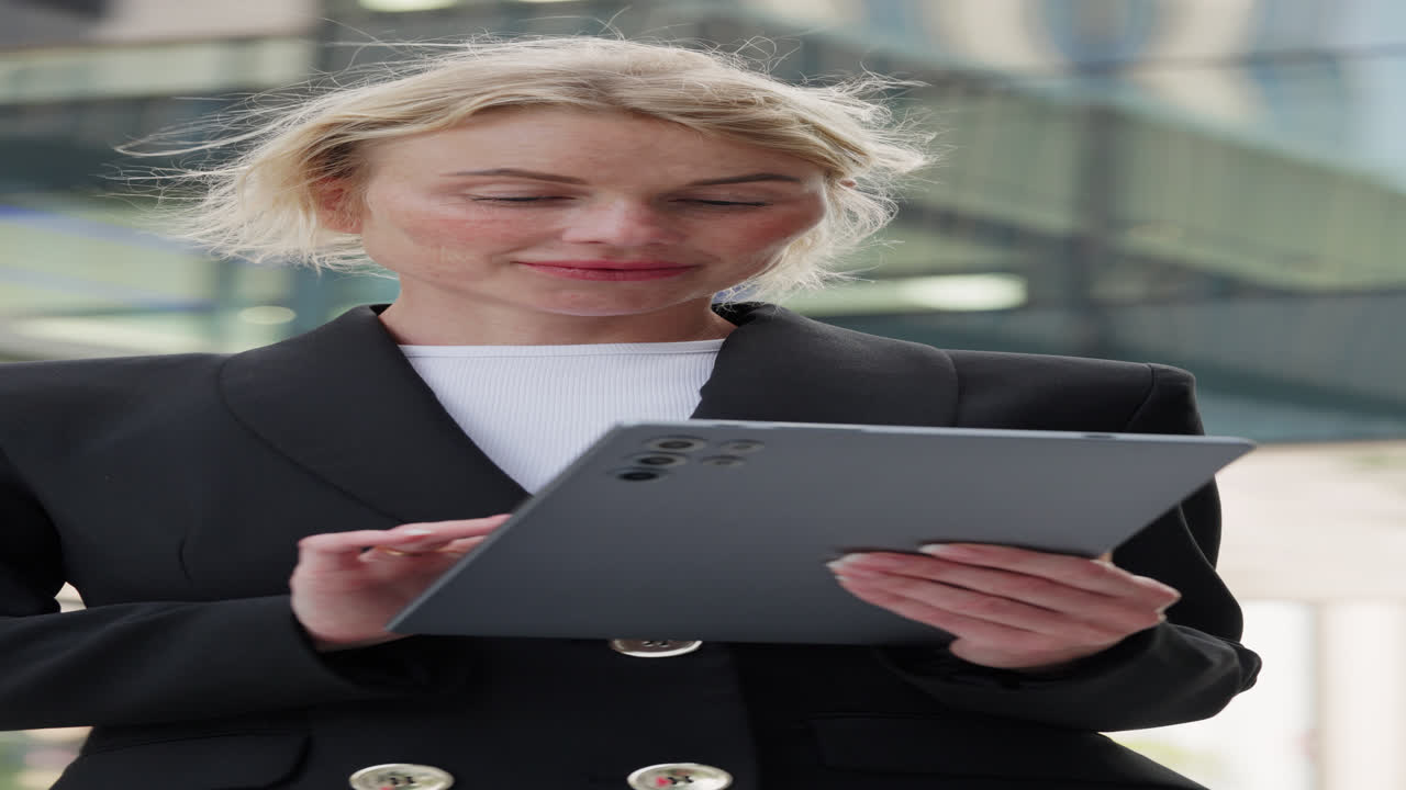 деловая женщина использует планшет на открытом воздухе