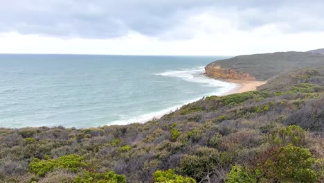 a serene coastal landscape with ocean waves and lush greenery under cloudy skies, captured along the great ocean road