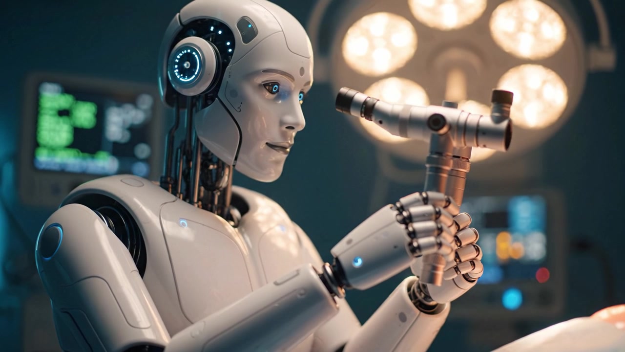 Modern Bir Ameliyathane Ortamında Hassas Aletlerle Bir Prosedür Gerçekleştiren Gelişmiş Cerrahi Robot, Fütüristik Tıbbi Teknolojiyi Sergiliyor