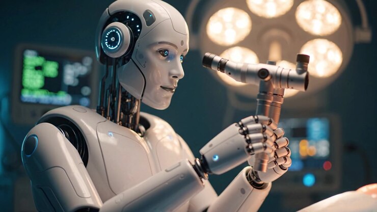 Robot chirurgico avanzato che esegue una procedura con strumenti di precisione in un ambiente di sala operatoria moderna, mostrando tecnologia medica futuristica