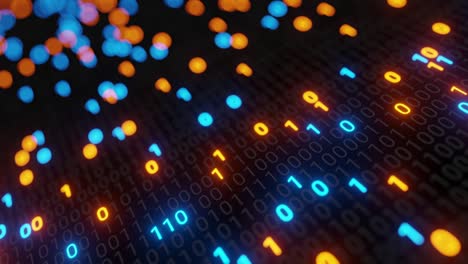 Abstract seamless blue and orange digital binary code matrix background VJ loop with flare.