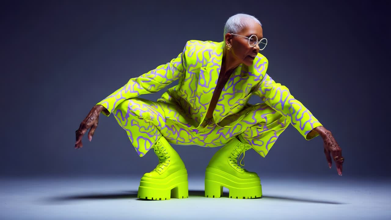 A bold fashion statement featuring a confident model in vibrant neon attire, striking dynamic poses that showcase a unique style and eye-catching oversized platform boots
