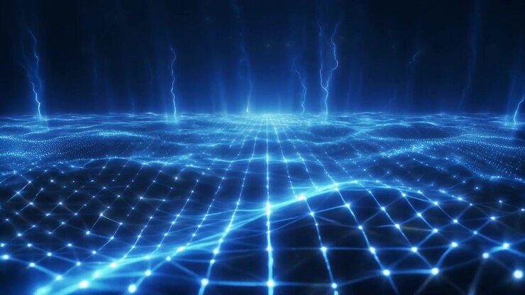 Paesaggio Astratto a Griglia Digitale Blu con Raggi di Energia Luminosi