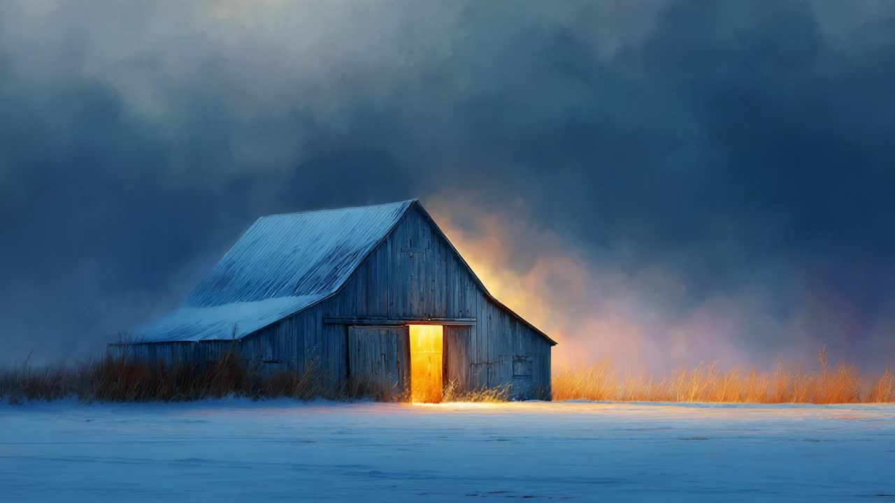 A tranquil winter scene featuring a rustic barn illuminated by the warm glow of light spilling from its open door, surrounded by a serene snowy landscape and dramatic cloudy sky at dusk
