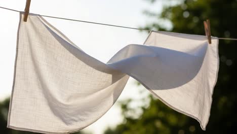gentle breeze causes delicate white fabric to flutter on a clothesline, capturing the beauty of natural light and outdoor serenity