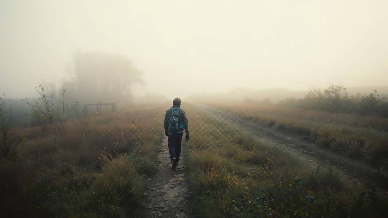 Walking hiker wearing jacket, hat, backpack starting from camera along stone path to foggy horizon