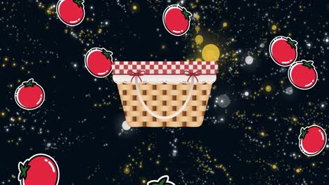 Animation-of-picnic-hamper-with-falling-red-tomatoes-over-yellow-and-white-dots-on-black-background