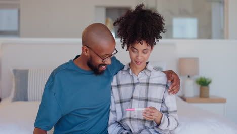 couple, surprise and bedroom with pregnancy test