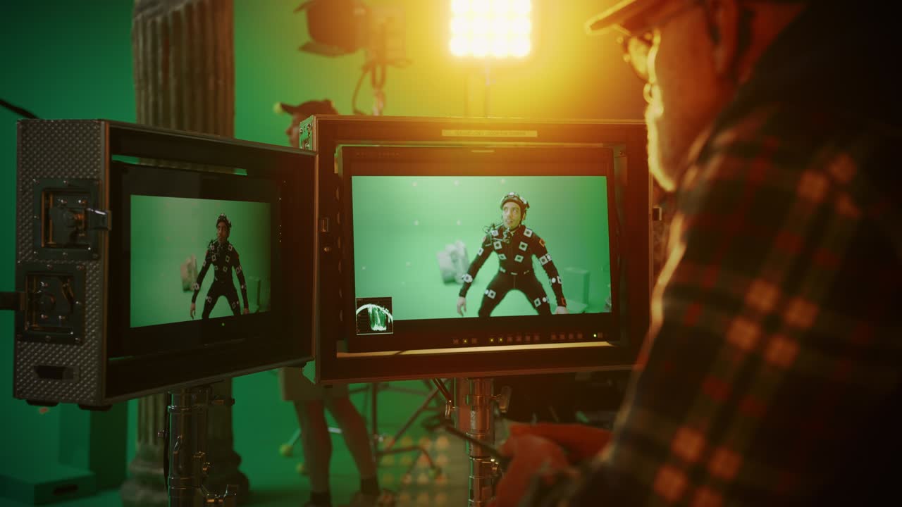 el director mira las pantallas dirige la escena de la pantalla verde con el actor usando un traje de seguimiento de movimiento y un equipo de cabeza. en el gran estudio de cine, un equipo profesional filma una película de éxito de taquilla