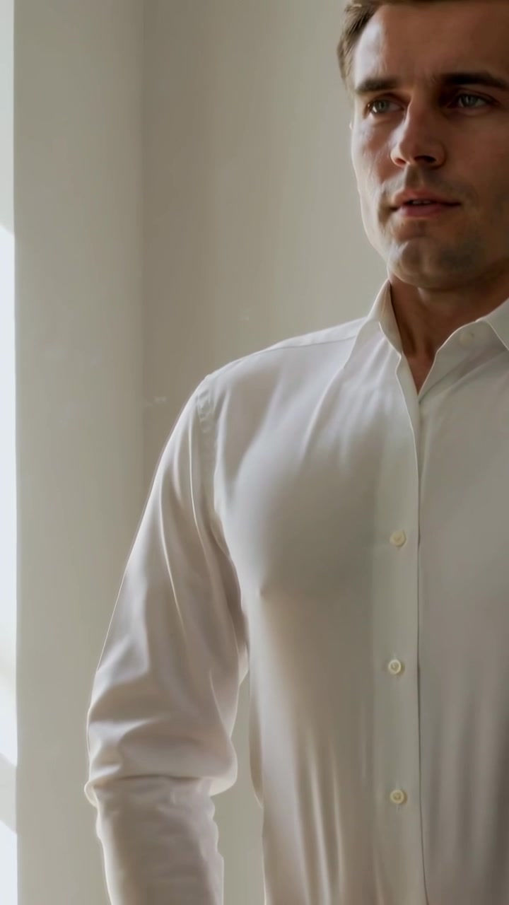 Video verticale: Uomo in camicia bianca che si sistema i bottoni vicino alla finestra, preparandosi per una riunione.
