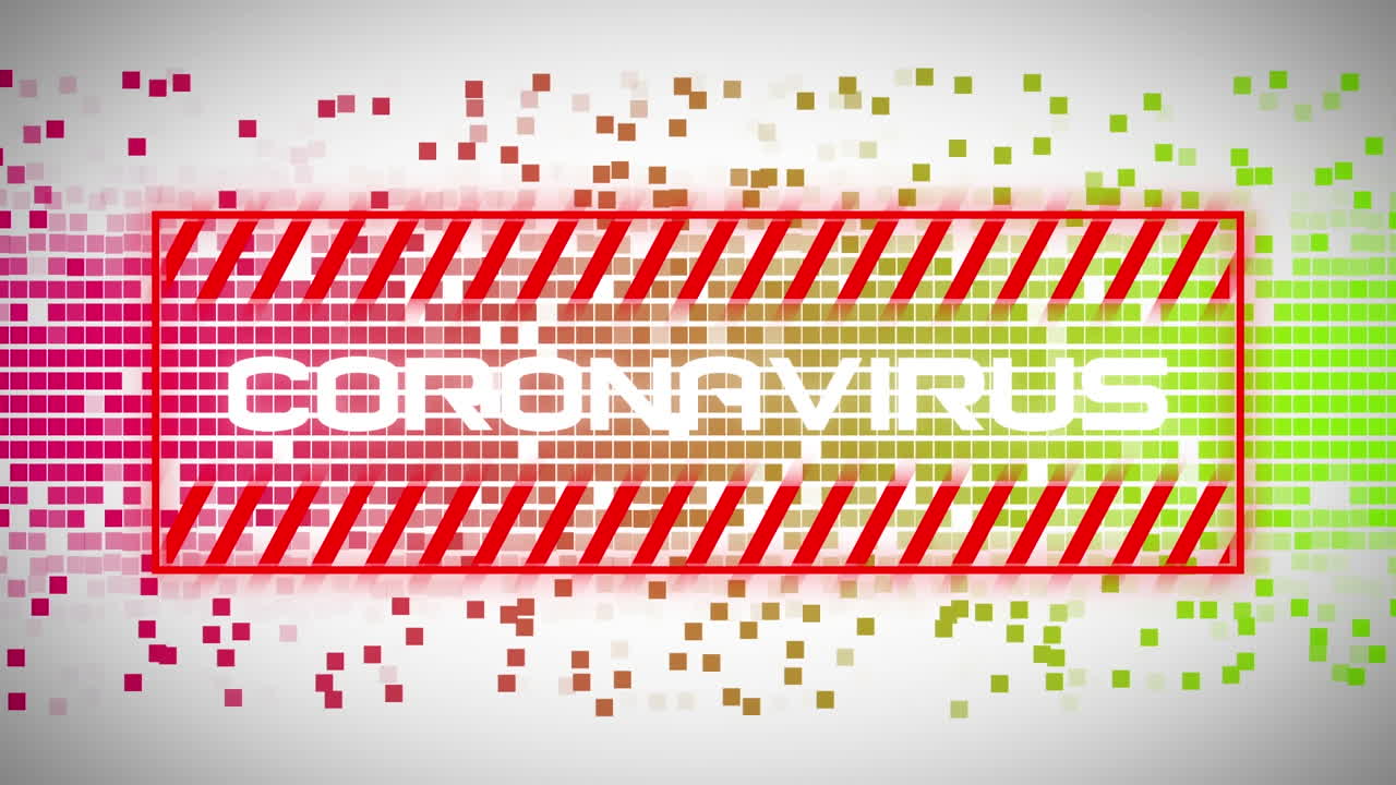 animación del texto de advertencia de coronavirus, sobre píxeles móviles de colores, en gris