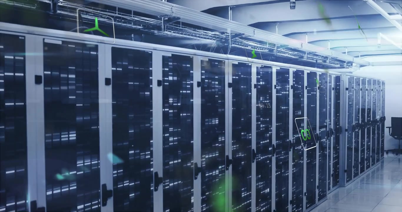 Starting icons drifting across racks camera panning right clustering dispersing showing data flow