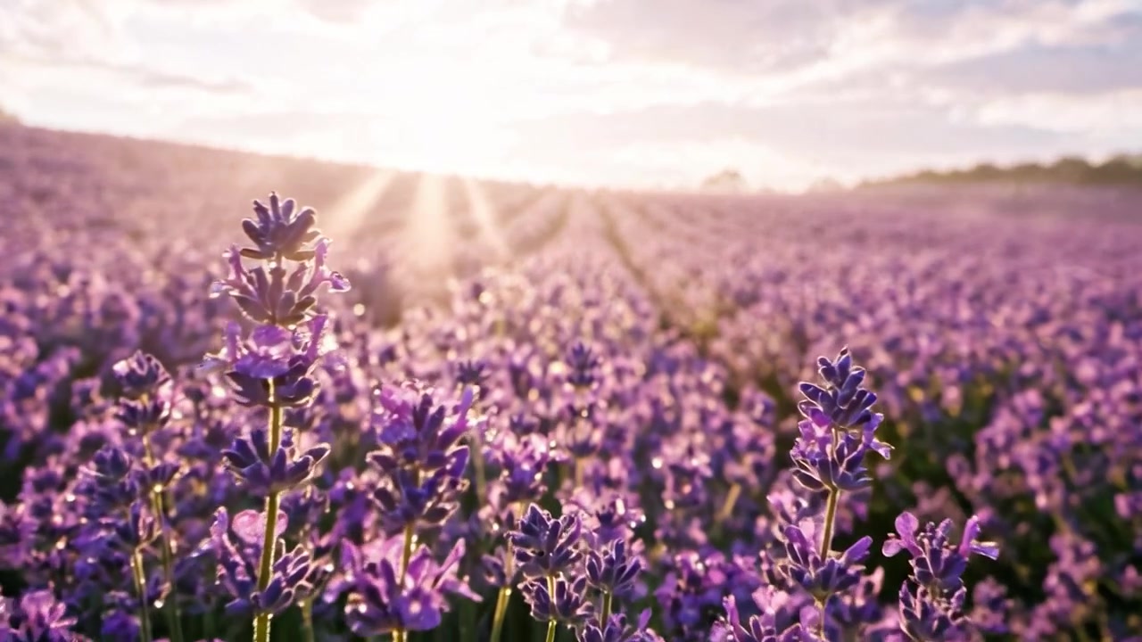 Campi di lavanda mozzafiato sotto un caldo sorgere del sole: un paesaggio sereno di fioriture viola bagnate dalla luce dorata che cattura l'essenza della bellezza della natura