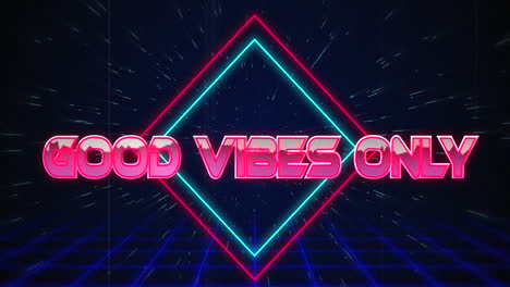 retro good vibes only text glitching over blue and red squares