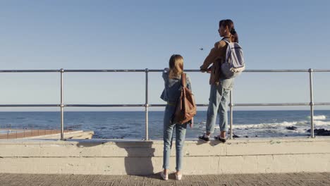 rear view of a caucasian and a mixed race girl talking and enjoying the sea view