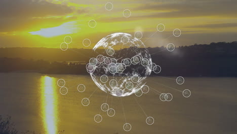 global network connections animation over sunset landscape with water and hills