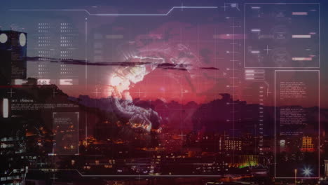 cityscape at dusk with futuristic data processing animation over skyline