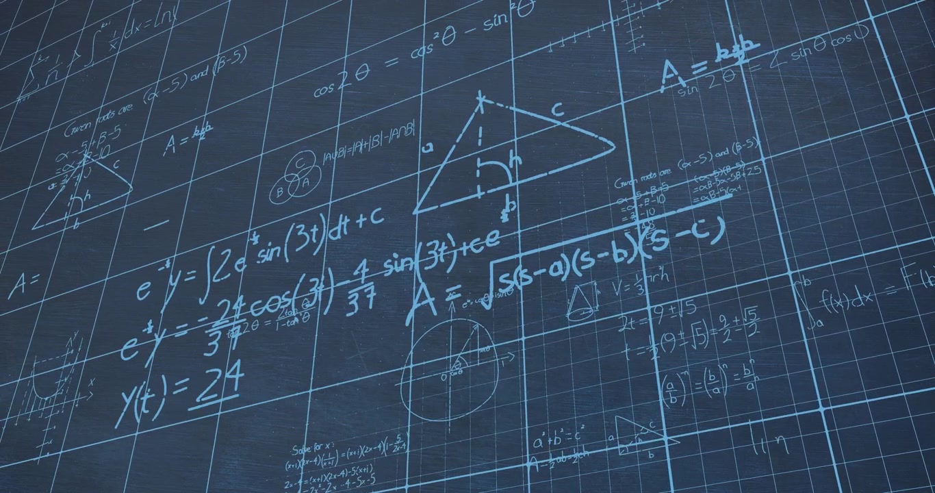 Animation of mathematical equations and formulas floating against blue chalkboard background