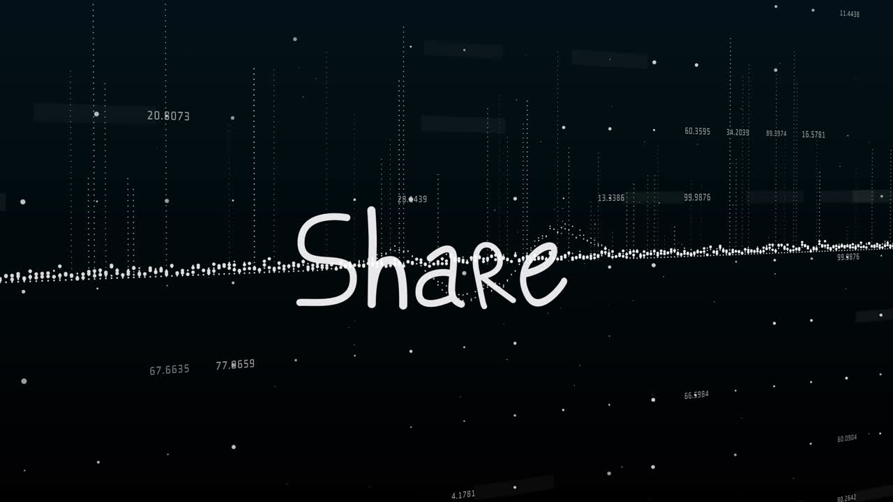 Animation of share text and data processing on black background