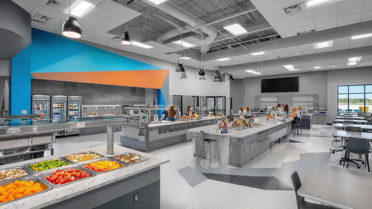 Modern School Cafeteria Design Featuring Open Layout, Colorful Accents, and a Varied Salad Bar with Fresh Fruits and Vegetables for Students