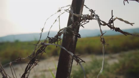 rusty barbed wire fence in rural landscape