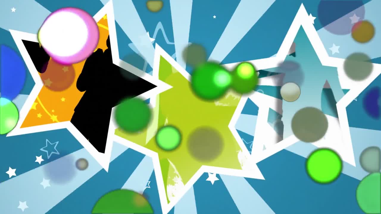 춤추는 사람 들 과 별 모양 을 가진 색색 빛 의 움직이는 반점 들