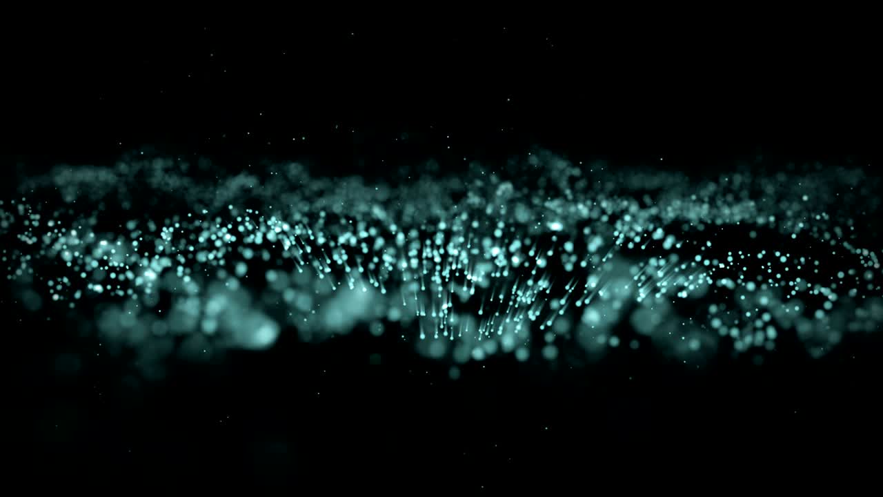 4k movimiento de onda abstracto de partículas polvo azul con estrellas en fondo negro. fondo movimiento de punto azul, bucle sin costuras
