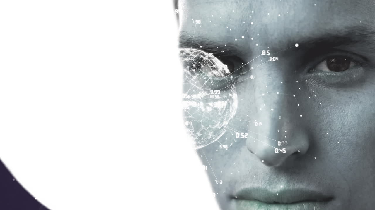 animación del globo con una red de conexión sobre la cara del hombre