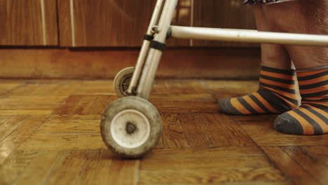 senior woman walking slowly at home by means of walker